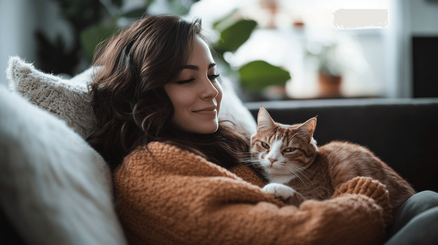 Female pet owner smiling as holding their cat